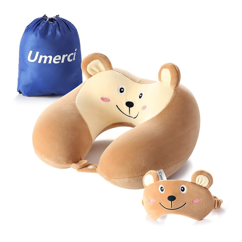 Umerci Travel Pillow, Memory Foam Neck Pillow with 360-Degree Head Support Comfortable Airplane Pillow with Storage Bag Lightweight Traveling Pillow for Sleeping, Car, Train, Bus and Home Use (Bear) - Image 1